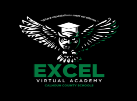 white and green owl hovering over the words excel virtual academy calhoun county schools